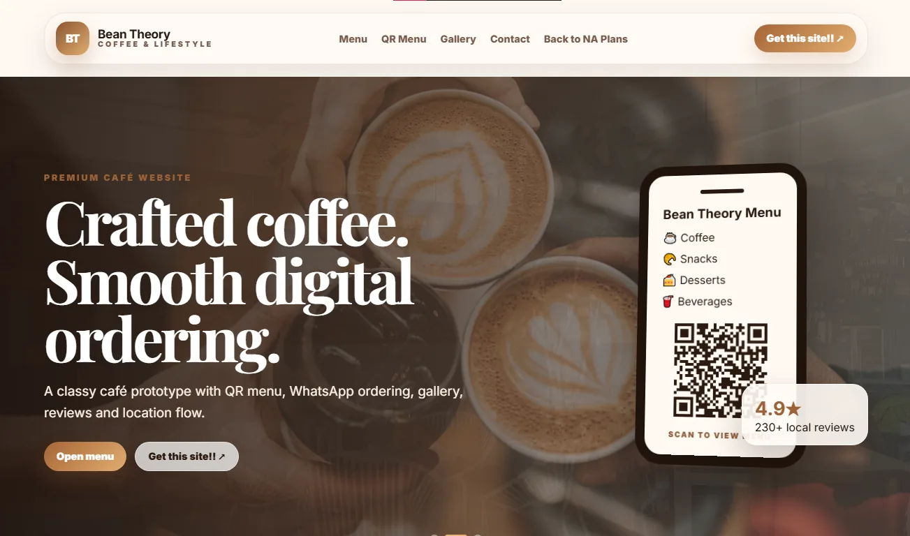 Bean Theory cafe website prototype preview