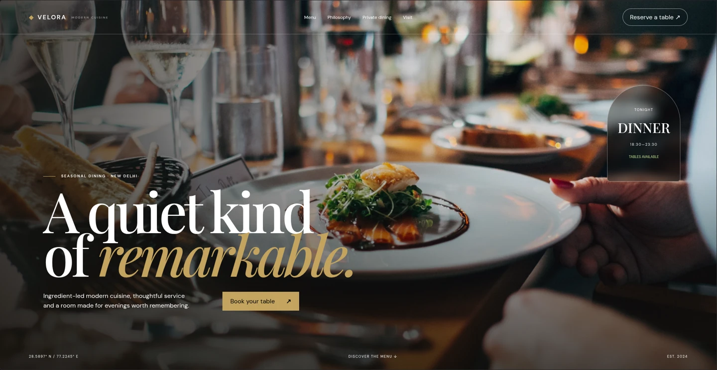 Velora Dining current website preview