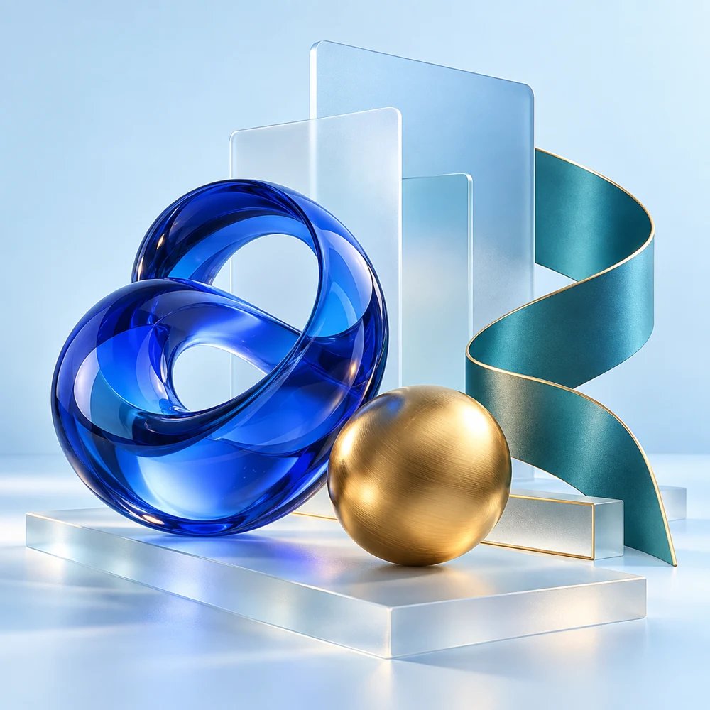 Cobalt glass sculpture, teal ribbon and gold sphere